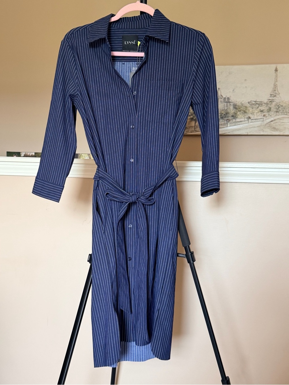 Lysse Navy Pinstripe Midi Shirt Dress with Tie Waist